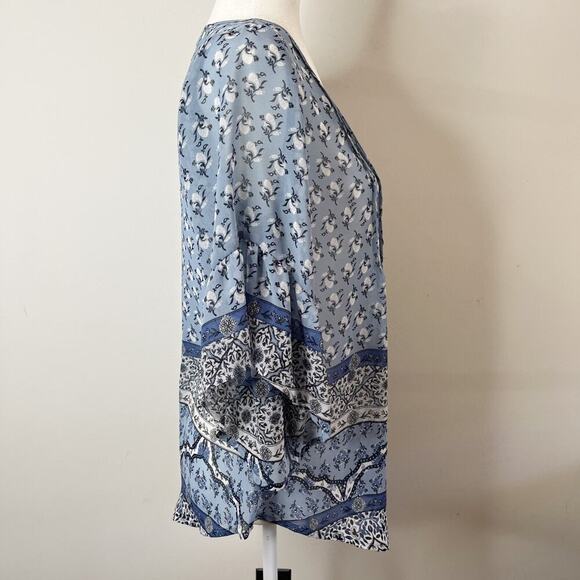 Style & Co Women's Top S Peasant Retro Scarf Print Pintuck Pleated Blue Sheer - Picture 4 of 10